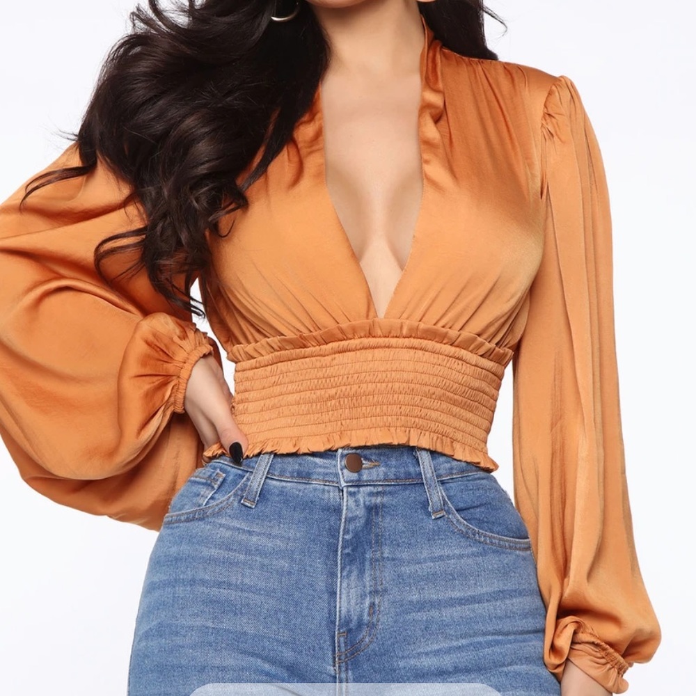 Rust orange v-neck satin blouse